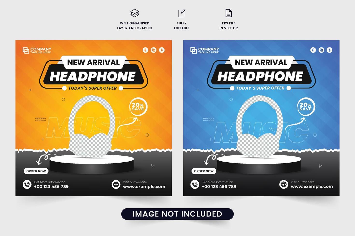 Werbe-Web-Banner-Vektor für moderne Kopfhörer mit orangen und blauen Farben. Design von drahtlosen Kopfhörervorlagen für Social Media Marketing. Kopfhörer-Verkaufsplakatdesign mit abstrakten Formen. vektor