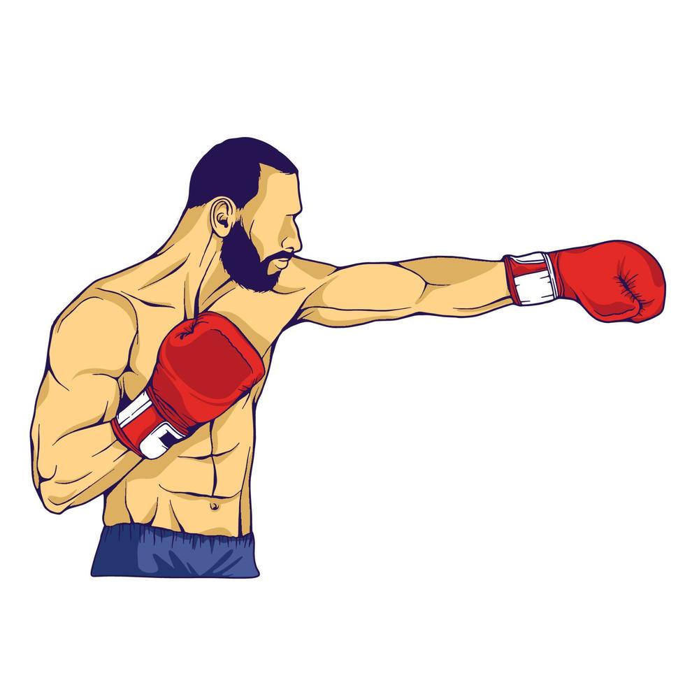 Strichzeichnungsfarbillustration eines Boxers, der einen roten Handschuh mit einer Pose trägt vektor