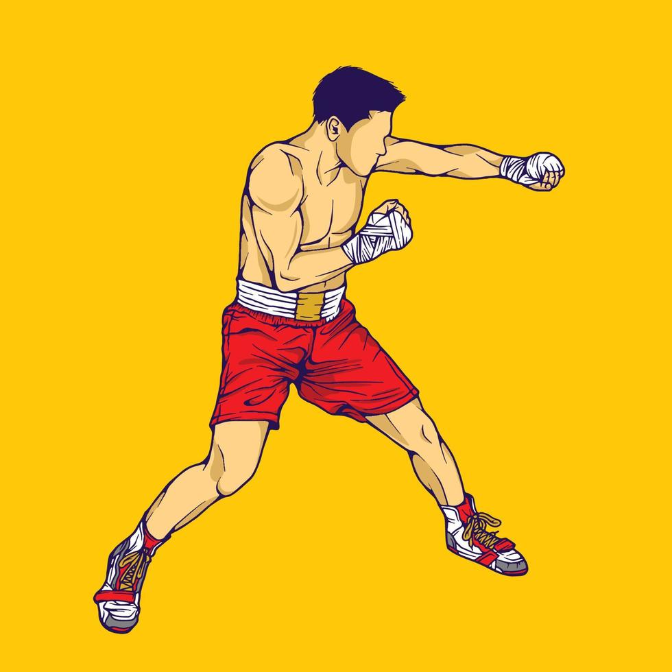 Strichzeichnungsfarbillustration eines Boxers, der einen roten Handschuh mit einer Pose trägt vektor