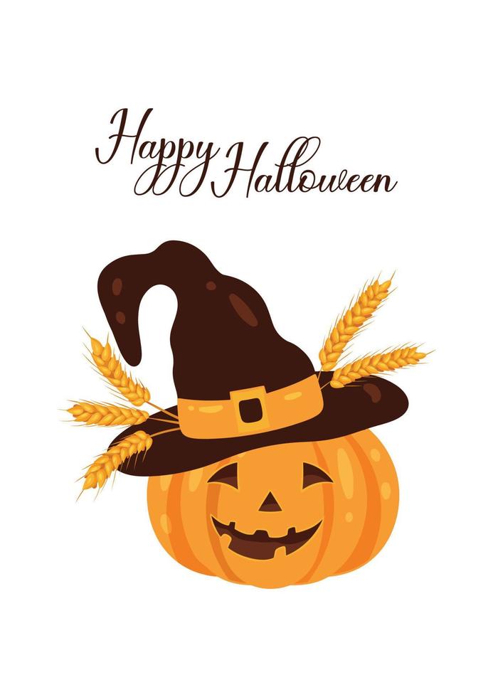 Halloween-Postkarte mit Kürbis in Hut und Ähren vektor