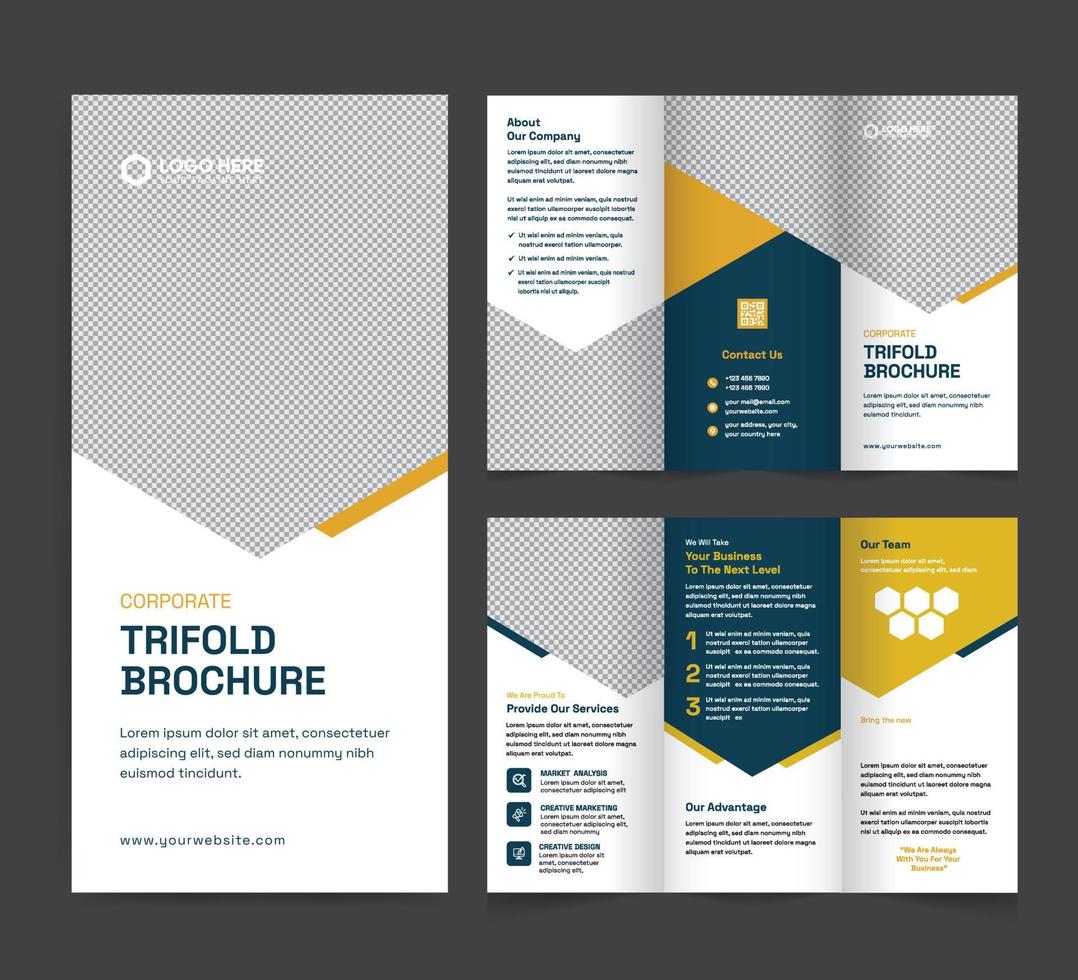företags- trifold broschyr mall. modern, kreativ, och professionell tri-faldig broschyr vektor design. enkel och minimalistisk layout med blå och gul färger. företags- företag trifold broschyr.