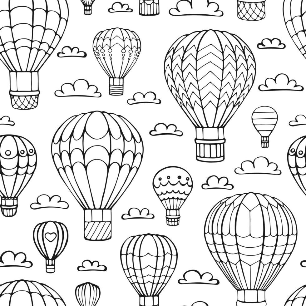 Heißluftballon und Wolke des nahtlosen Musters. handgezeichnetes umrissgekritzel. Vektor-Illustration. vektor