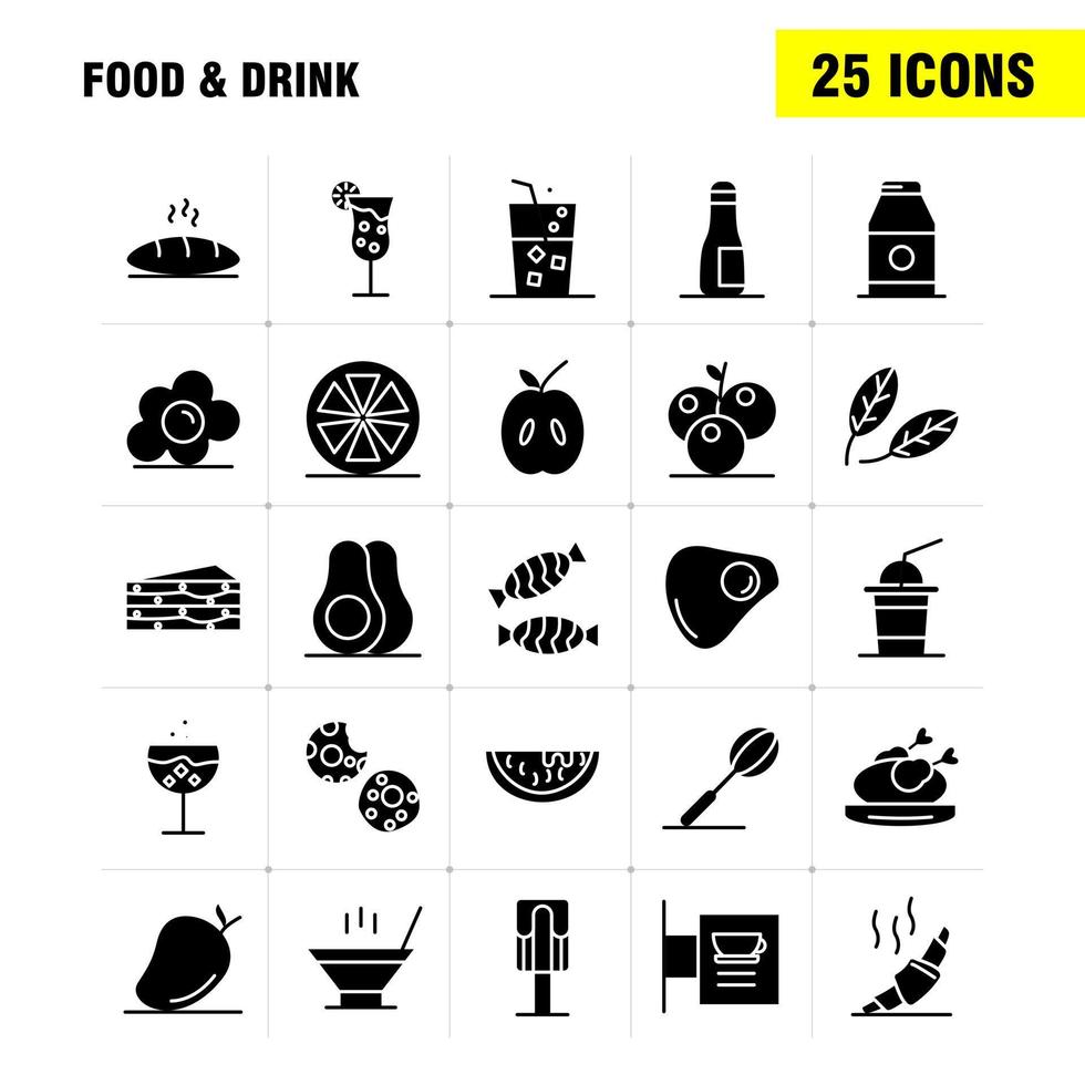 mat och dryck fast glyf ikoner uppsättning för infographics mobil uxui utrustning och skriva ut design inkludera cocktail glas bägare glas vin dryck bakning croissant ikon uppsättning vektor