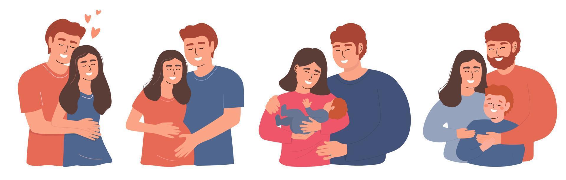 eine Reihe glücklicher Familienporträts. ein junges verliebtes paar, eine schwangere frau, eine mutter und ein vater mit baby. Vektorgrafiken. vektor