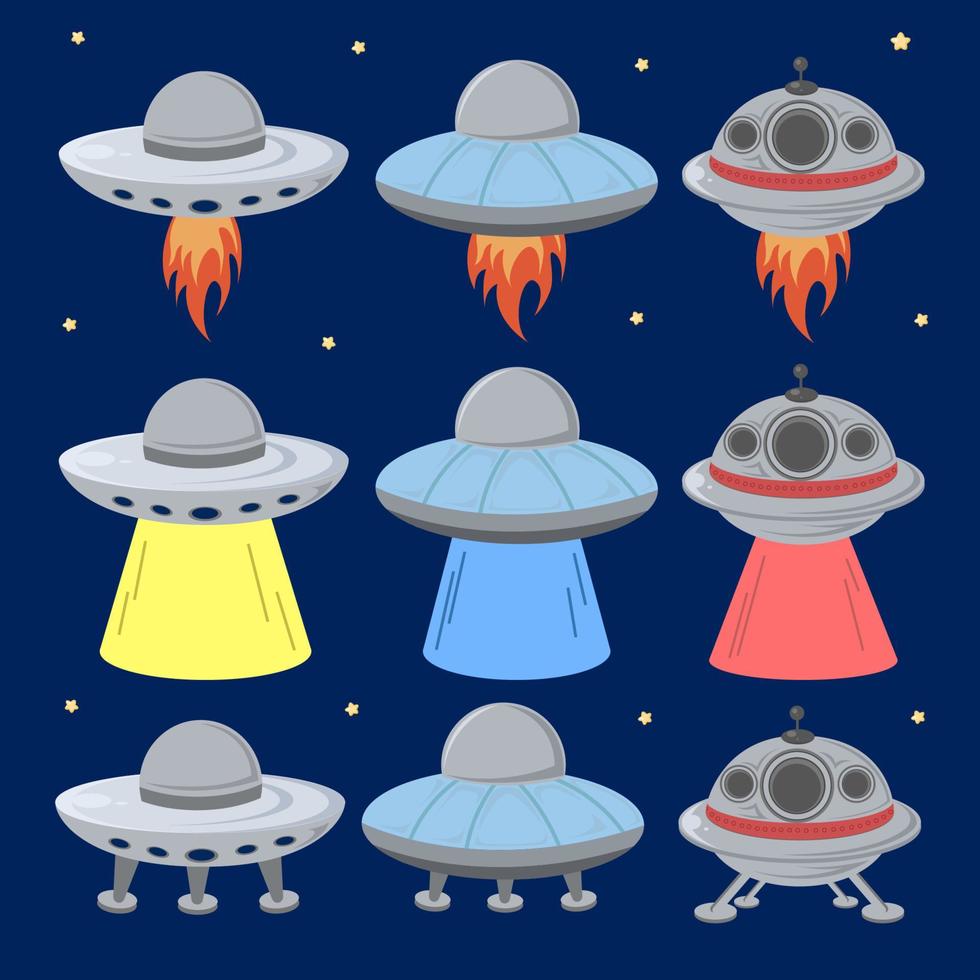 UFO illustration uppsättning landning placera flugor av brand och avger ljus under den vektor