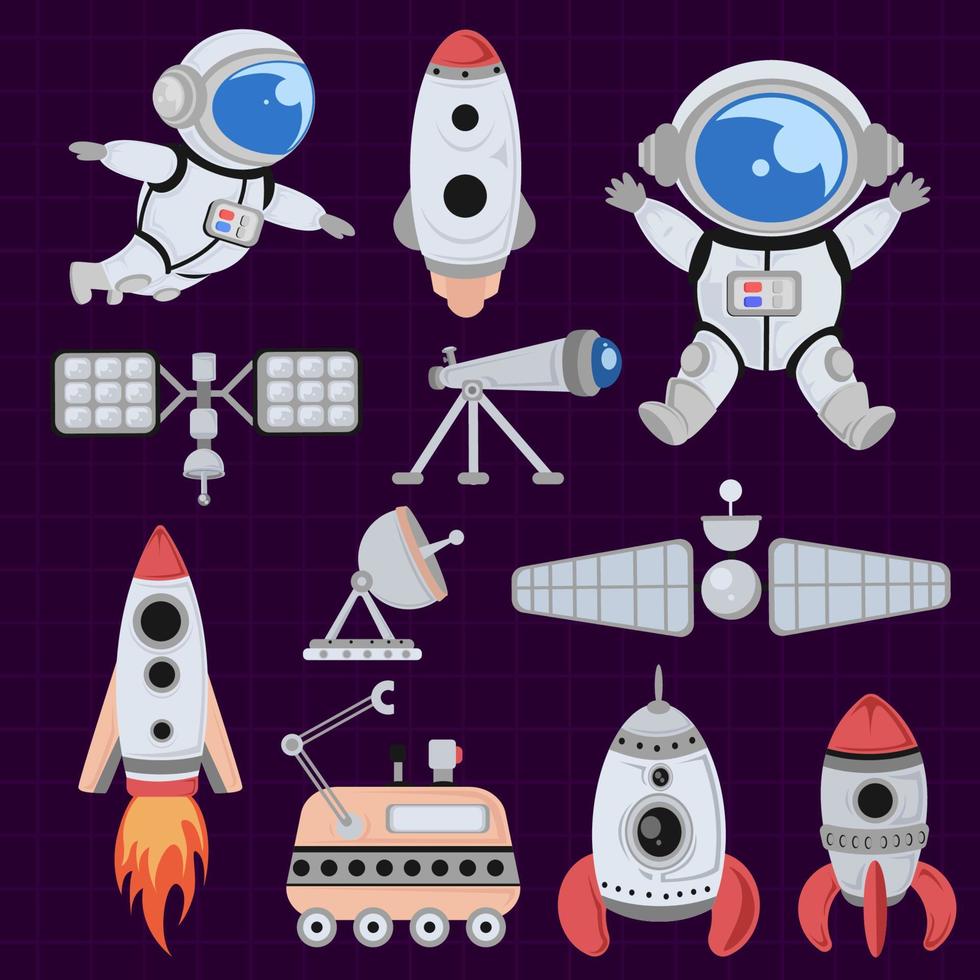 Astronauten-Raketen-Satelliten-Raumelement-Set vektor