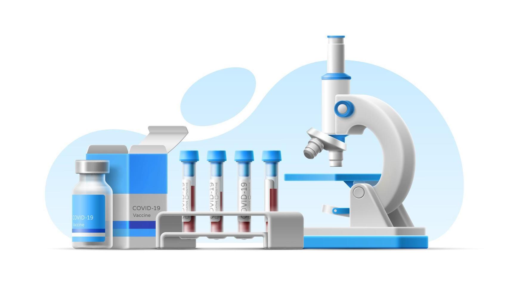 3d-cartoon-illustration mit mikroskop, blutreagenzgläsern mit gestell, coronavirus-impfflaschenpackung. isolierte realistische Vektorvorlage für medizinisches Design. prävention pandemie. Laborforschung vektor