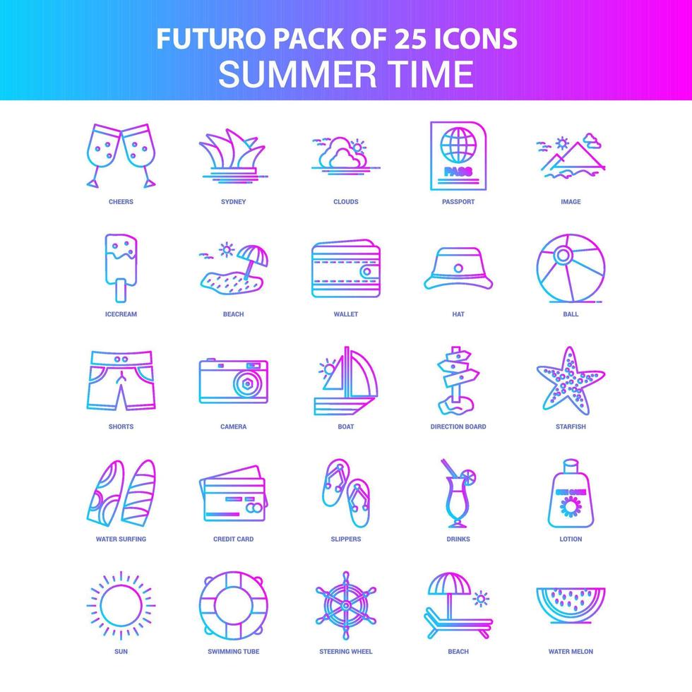 25 blaue und rosa Futuro-Sommerzeit-Icon-Pack vektor