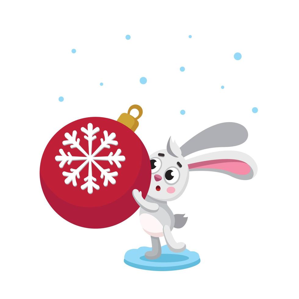 Jahr des Kaninchentierkreises. Hase hält rote Kugel des Weihnachtsspielzeugs mit einer Schneeflocke. weihnachten, chinesische neujahrsillustration. Vektor-Cartoon-Kaninchen. charakter, symbol des chinesischen neujahres. vektor