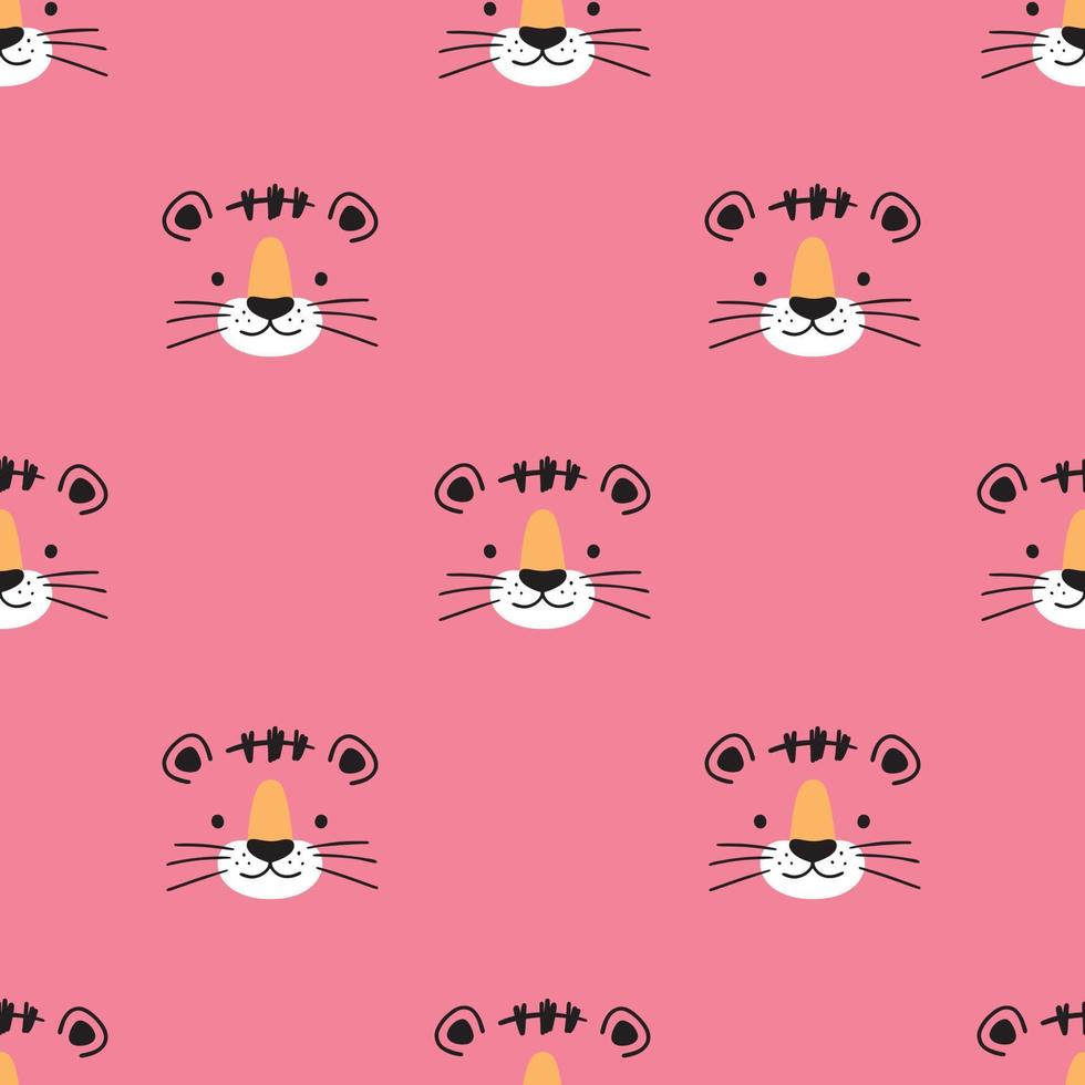 söt sömlös mönster med liten tiger ansikte i klotter stätta på rosa bakgrund. vektor illustration - tecknad serie tiger, för design bebis kläder.