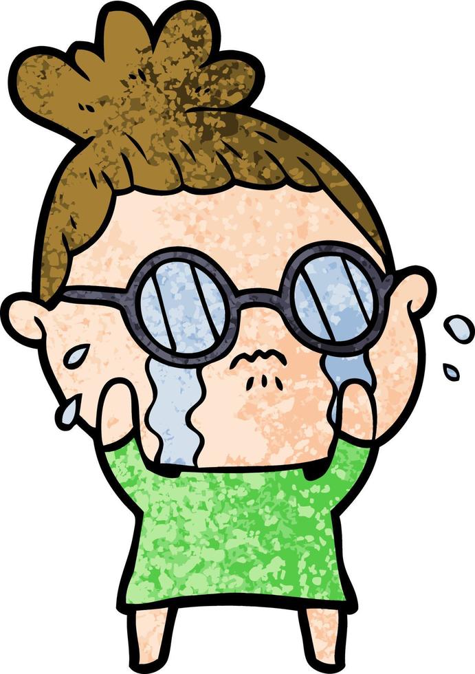 Retro-Grunge-Textur Cartoon-Frau mit Brille weint vektor