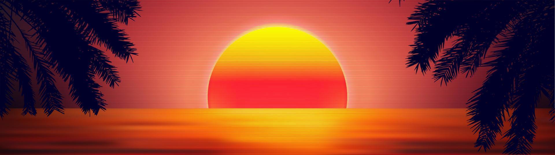 3D-Sonnenuntergang am Strand. Retro-Palmen-Vektor-Sci-Fi-Hintergrund mit Ozean. Sonnenreflexion im Wasser. futuristische Landschaft im Stil der 1980er Jahre. Cyber-Oberfläche der digitalen Landschaft. Partyhintergrund der 80er Jahre. vektor