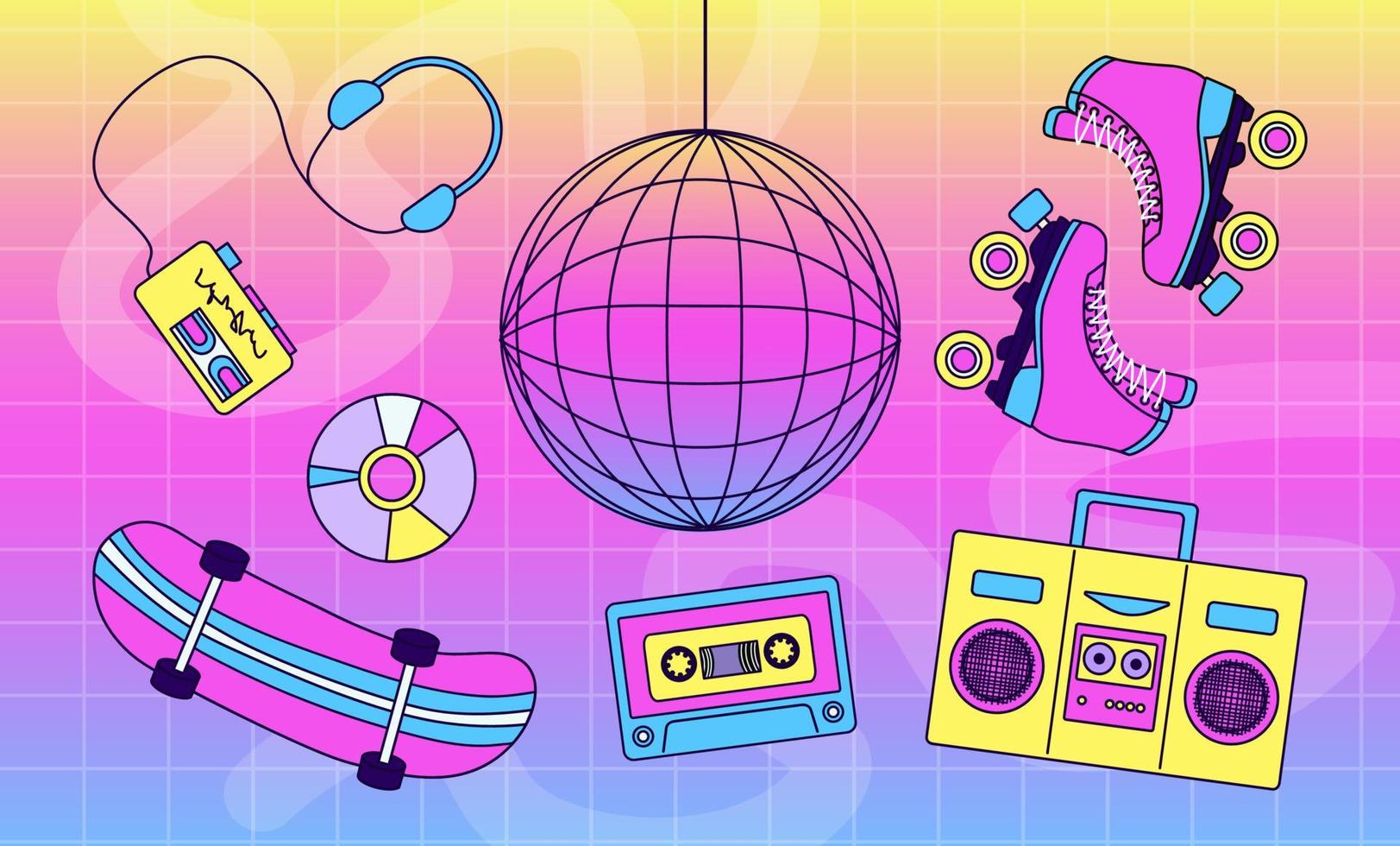 Ein farbenfrohes Set aus lustigen Artikeln im Stil der 90er und 2000er Jahre. eine trendige Kollektion mädchenhafter Aufnäher. skurriles Hipster-Retrowave-Paket vektor