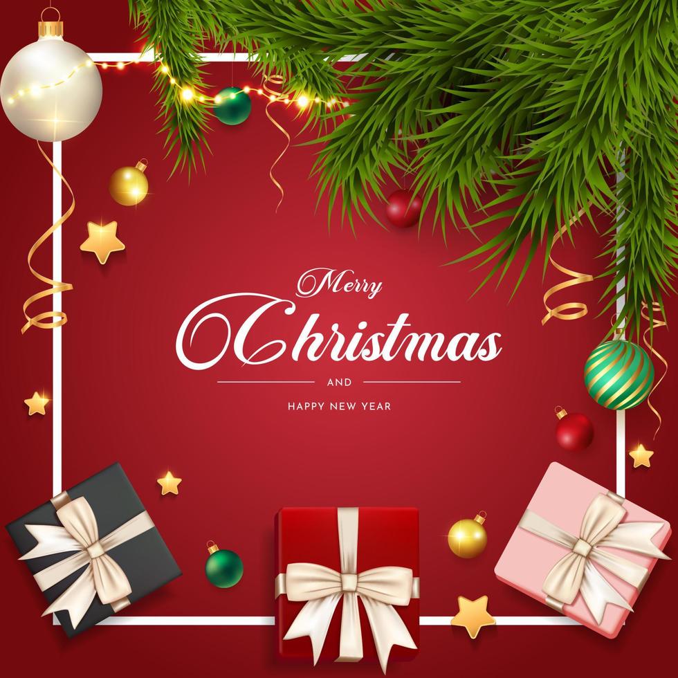 glad jul och Lycklig ny år befordran affisch eller baner med röd gåva låda vektor
