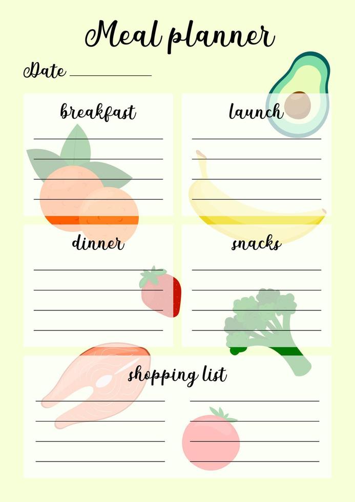 Essensplaner druckbare Seite. Vektorvorlage für den täglichen Kochplan und die Einkaufsliste. Illustration mit Essen im Hintergrund vektor