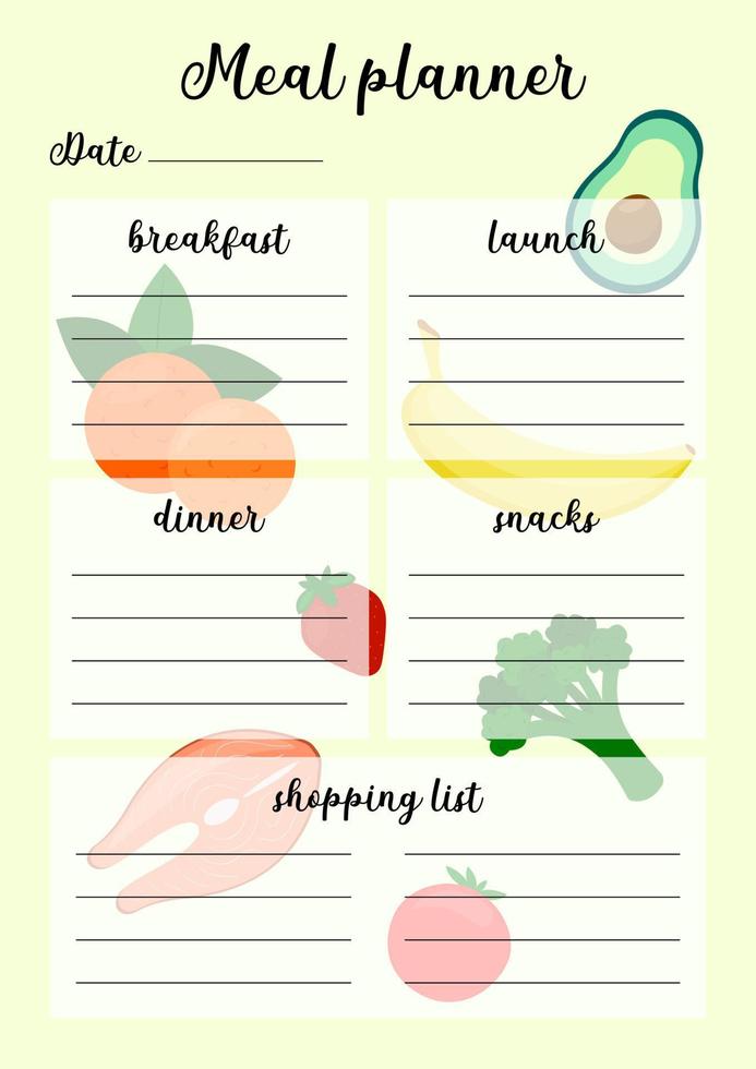måltid planerare tryckbar sida. vektor mall av dagligen matlagning planen och handla lista. illustration med mat på bakgrund