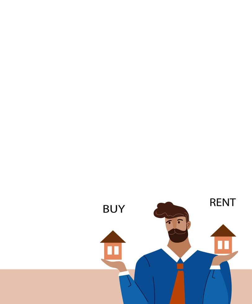tvivlar affärsman framställning beslut till köpa eller hyra en hus. försäljning, inköp, hyra, hyra av verklig egendom begrepp. vektor tecknad serie klotter platt illustration