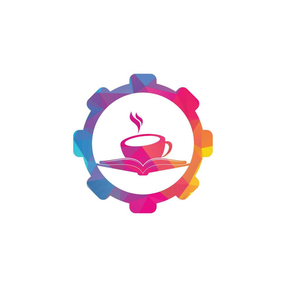 Kaffeebuch Zahnradform Konzept Vektor Logo Design. Kultiges Logo des Teebuchladens.