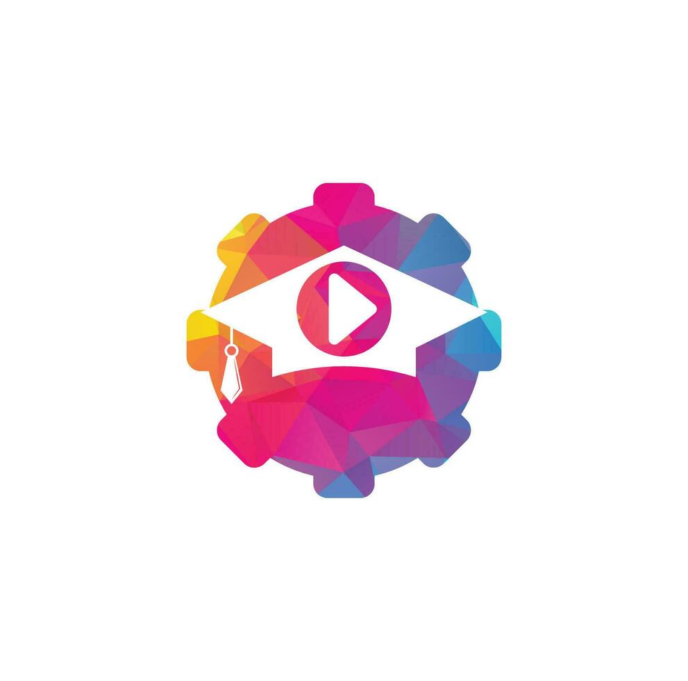 Bildung Media Player Zahnradform Konzept Vektor Logo Design. Schulspiel-Logo-Vorlagendesign
