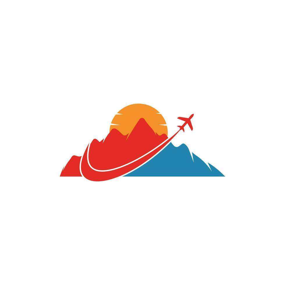Flugzeug- und Bergvektor-Logo-Design. Reise-Logo-Design. Flugzeug mit Berglogo vektor