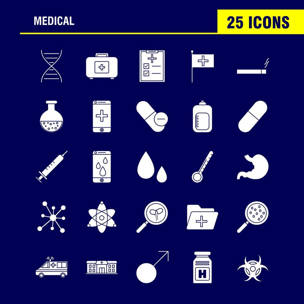 Solide Glyphensymbole für Gesundheit, die für Infografiken, mobiles Uxui-Kit und Druckdesign festgelegt wurden, umfassen Spritze medizinische Medizin Krankenhaus Stethoskop medizinische Medizin Arzt eps 10 Vektor