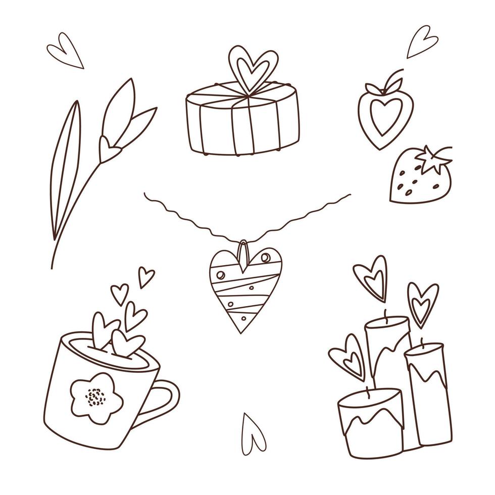 valentinstag-doodle-vektorzeichnung von herzkette, geschenkbox, schneeglöckchenblume, erdbeere, kerzen und tasse. romantisches illustrationsset von designelementen für valentinstaggrußkarten, geschenkanhänger. vektor