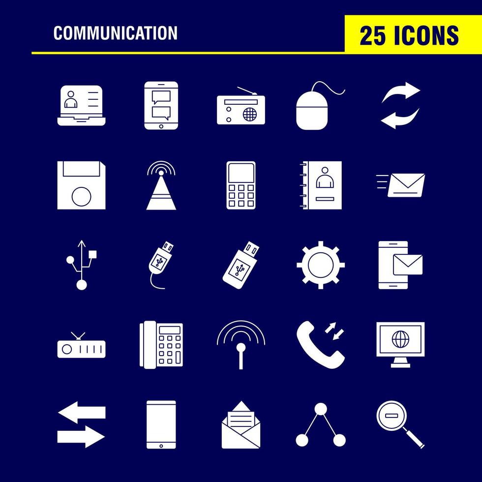 Solide Glyphensymbole für die Kommunikation, die für Infografiken festgelegt wurden, mobiles Uxui-Kit und Druckdesign, einschließlich Anrufwahl, Telefonstunden, Signale, Turm, Netzwerk, Kommunikationssammlung, modernes Infografik-Logo a vektor