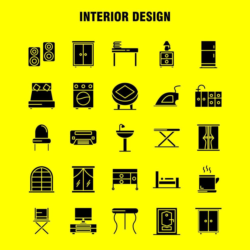 interiör design fast glyf ikoner uppsättning för infographics mobil uxui utrustning och skriva ut design inkludera möbel hushåll tvättställ dörr låsa rum möbel matlagning ikon uppsättning vektor