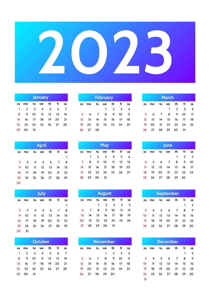 Kalender für 2023 isoliert auf weißem Hintergrund vektor