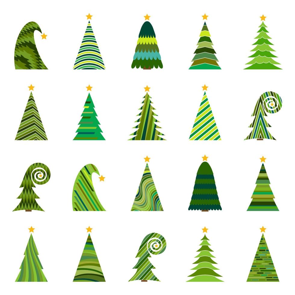 Satz von zwanzig verschiedenen Weihnachtsbäumen. isolierte vektorillustration für frohe weihnachten und guten rutsch ins neue jahr. vektor
