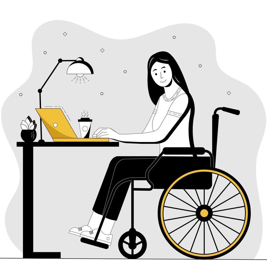 rullstol kvinna arbetssätt med bärbar dator. Inaktiverad ung kvinna i rullstol arbetssätt i de kontor eller uppkopplad från Hem. vektor illustration.