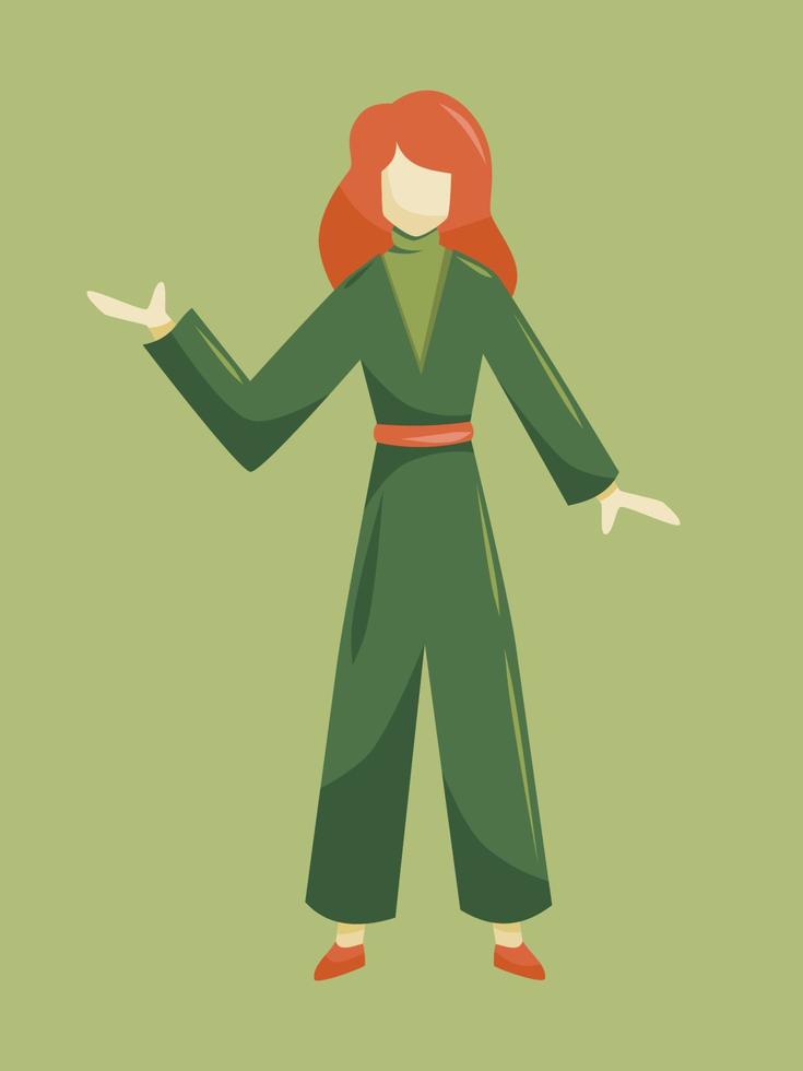 Mädchen steht und erklärt Pose mit formellen Casual-Looks, geeignetes Element für Business-Banner, Poster, Webdesign und Marketing, grünes Farbpalettenthema vektor