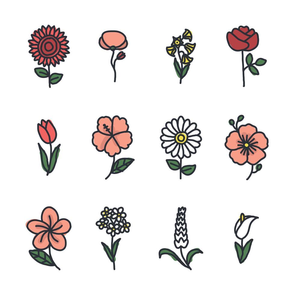 uppsättning av doodled blommor vektor