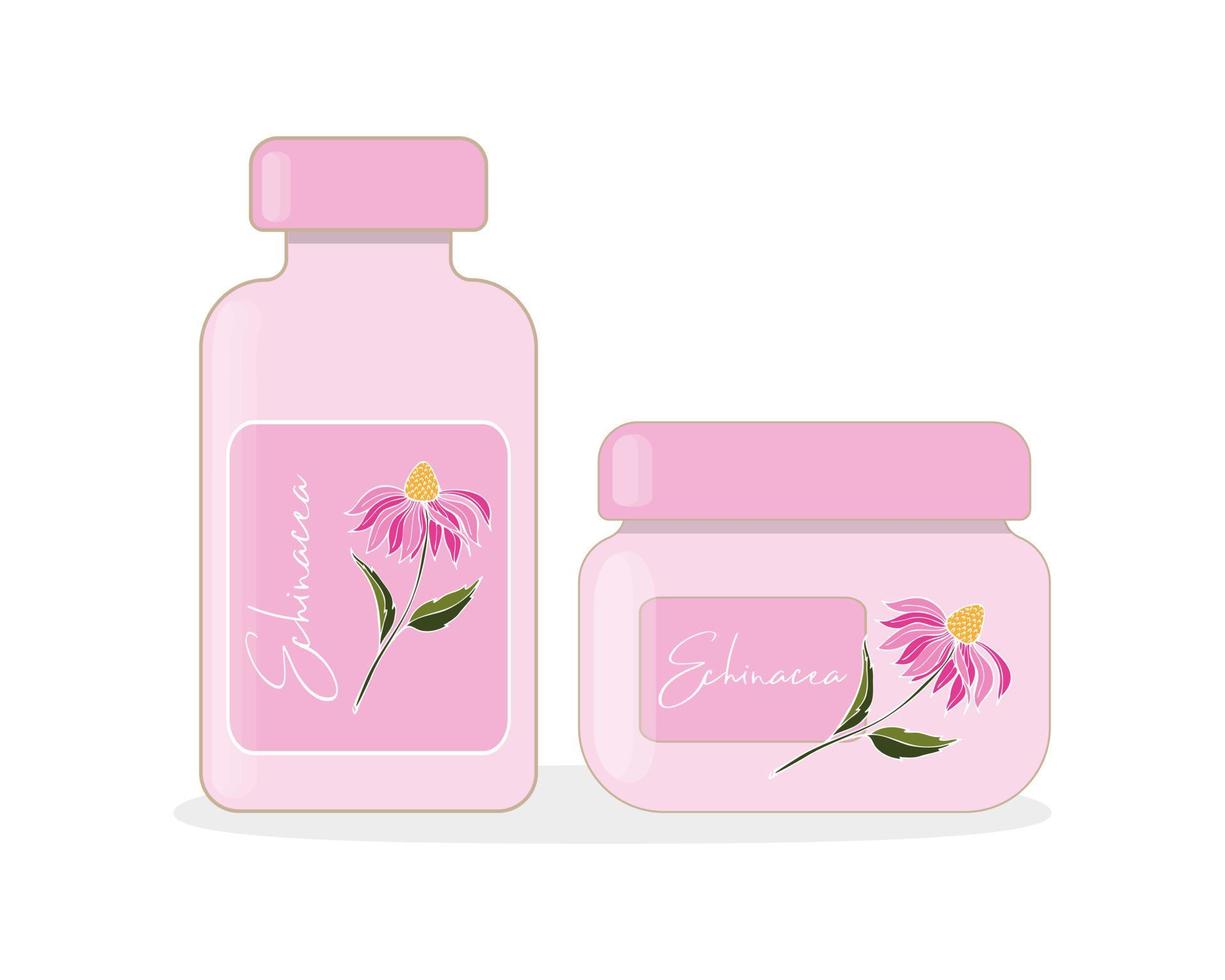 Echinacea purpurea-Pflanze. Echinacea-Blüten mit Flasche und Glas. Extrakt, Nahrungsergänzungsmittel, Sahne, natürliches Öl. Sammlung von Heilkräutern. vektor