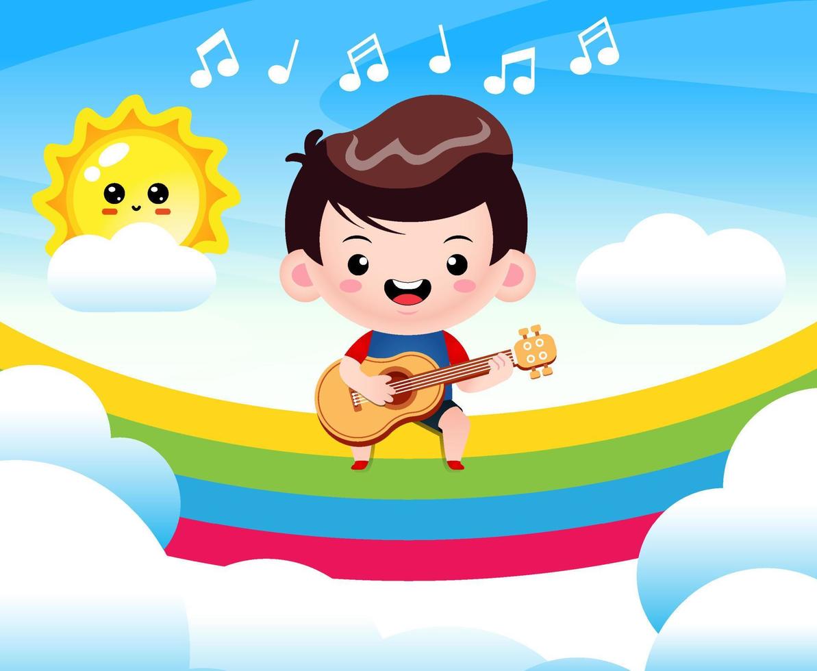 cartoon glücklicher süßer junge, der gitarre auf regenbogen spielt vektor