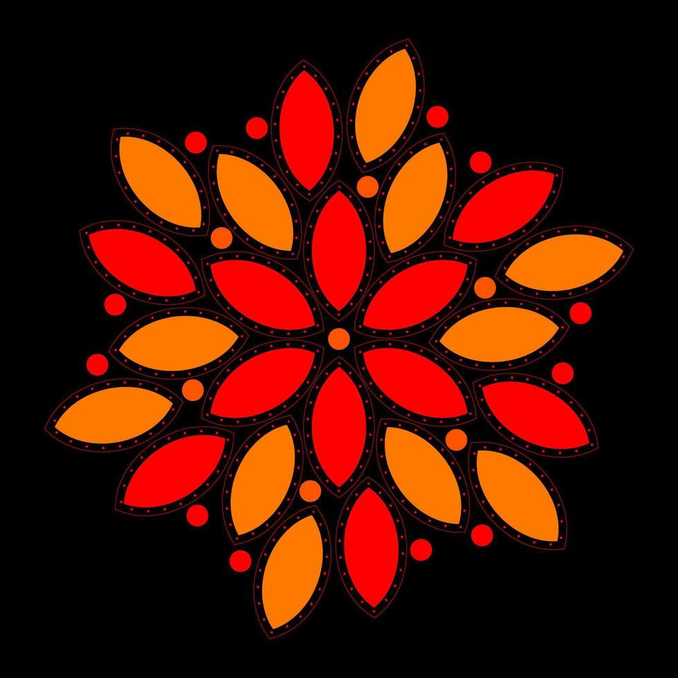 Blumenmandala in den Farben Rot und Orange auf schwarzem Hintergrund vektor