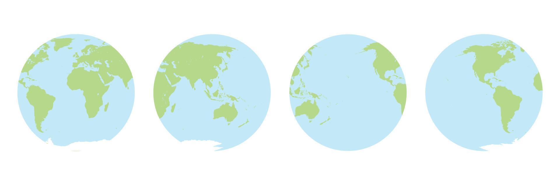 fyra se cirkel jord för klot. kontinenter och hav. vektor illustration.