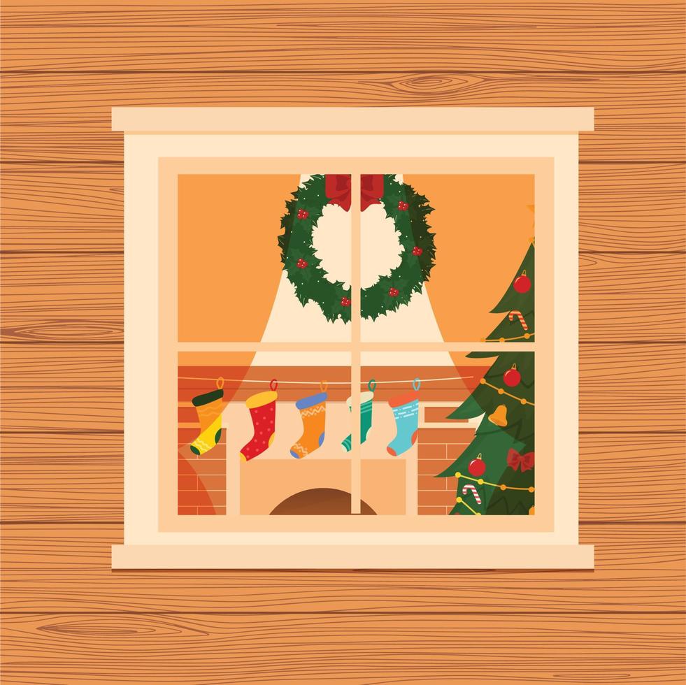 jul levande rum genom fönster i trä- Hem. levande rum med öppen spis, strumpor, gran. vektor illustration.