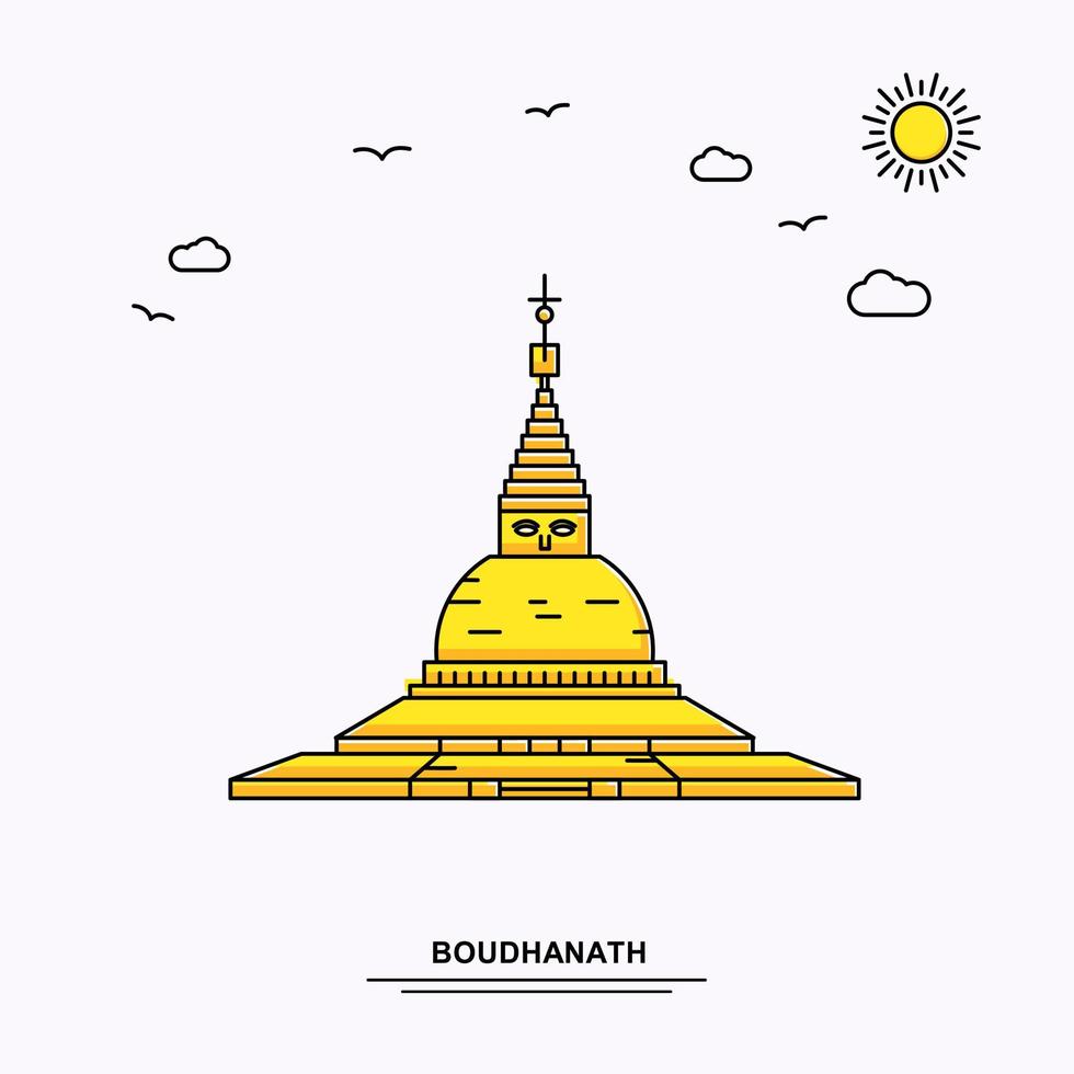 Boudhanath Monument Poster Vorlage Weltreise gelber Illustrationshintergrund im Linienstil mit schöner Naturszene vektor