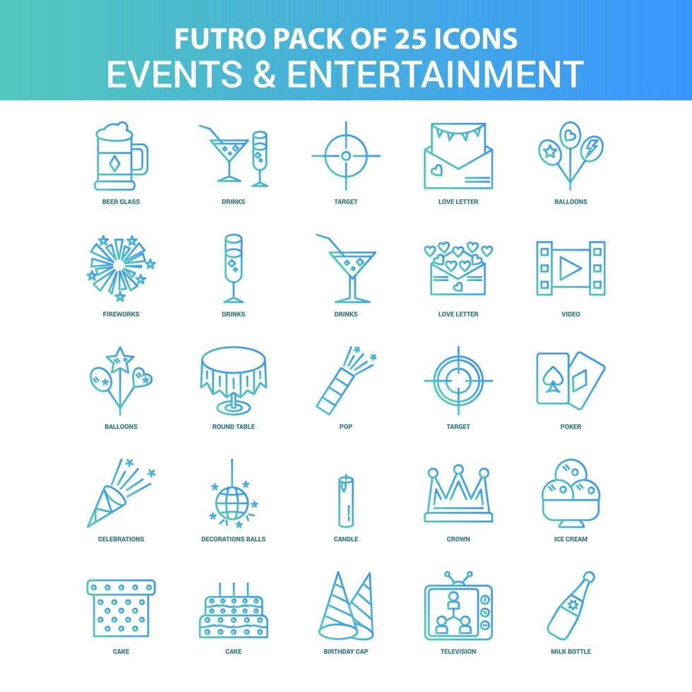 25 grön och blå futuro evenemang och underhållning ikon packa vektor