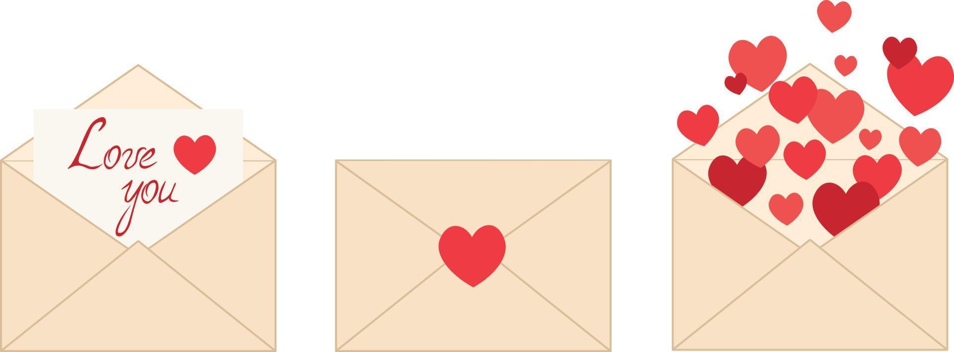 eine Reihe von Umschlägen mit roten Herzen isoliert auf weißem Hintergrund. 14. februar. valentinstag grüße. froher Hochzeitstag. Vektorbilder von Liebesbriefen. aufkleber, karte, symbol, herz im umschlag. vektor