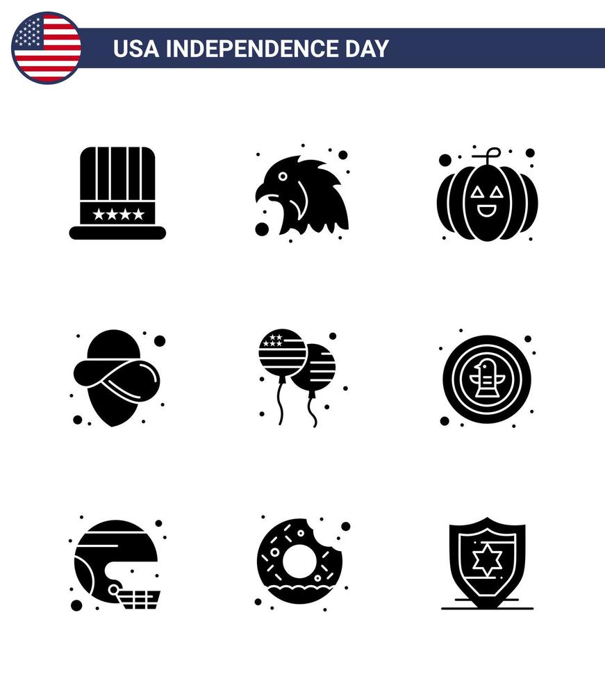 USA oberoende dag fast glyf uppsättning av 9 USA piktogram av amerikan flyga pumpa bloons hatt redigerbar USA dag vektor design element