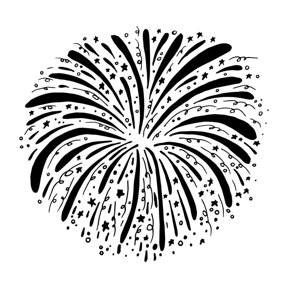 Vektorhand gezeichnetes Gekritzelfeuerwerk, Feierhintergrund, schwarze Gestaltungselemente lokalisiert auf weißem Hintergrund. vektor