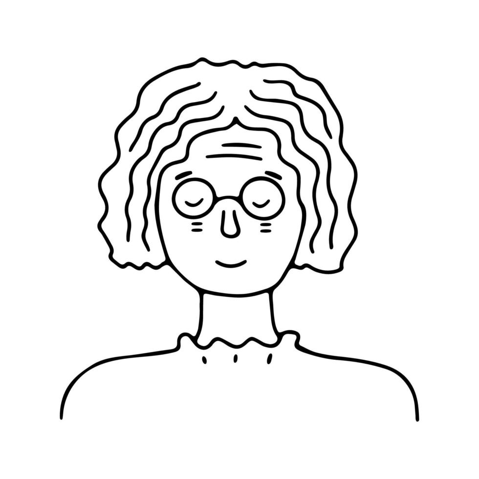 klotter gammal kvinna med glasögon porträtt. trendig hand dragen ikon. svart och vit vektor illustration. Lycklig känslor. porträtt med en positiv ansiktsbehandling uttryck. hand dragen klotter skiss
