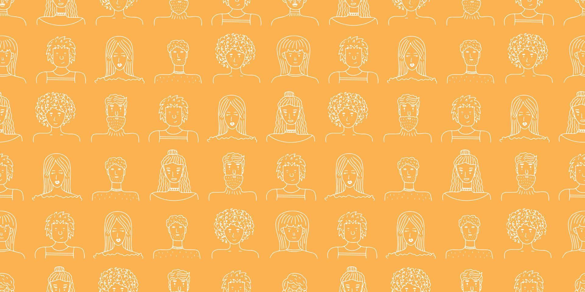 nahtloses muster von personenporträts für banner, soziale medien, website, textilien, geschenkpapier. Doodle-Porträts modische Mädchen und Jungs. trendiges handgezeichnetes Gesicht. Hintergrund, Vektorillustration vektor