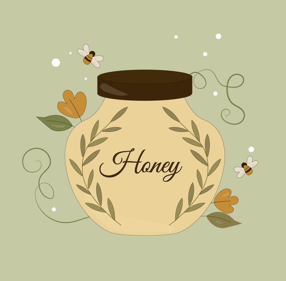 ein Glas mit duftendem Honig, Bienen und Blumen vektor