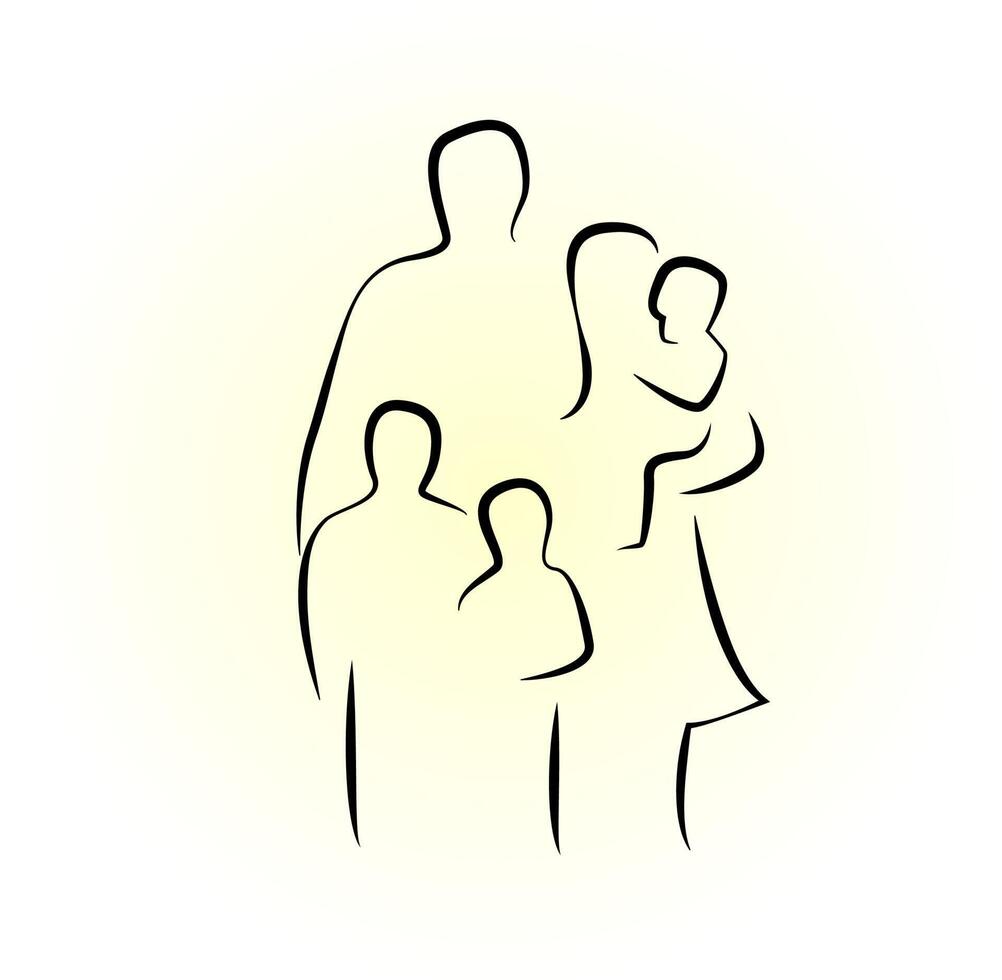 Silhouette eines Familienvaters, Mutter und Kinder. warme familienillustration in goldenen tönen vektor