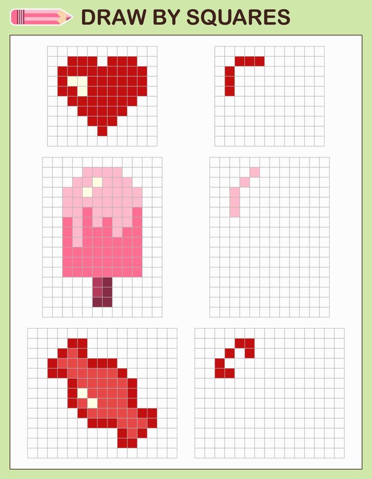 Kopieren Sie das Bild, zeichnen Sie durch Quadrate. spiel für kinder zeichnen herz, eis und süßigkeiten durch zellen. Pixel Kunst. Zeichen- und Logiktraining. vektor