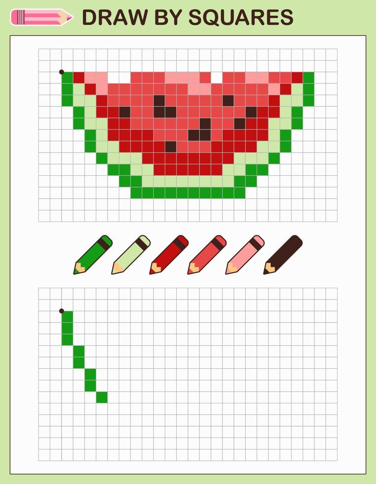 Kopieren Sie das Bild, zeichnen Sie durch Quadrate. spiel für kinder zeichnen wassermelone durch zellen mit farbpalette. Pixel Kunst. Zeichen- und Logiktraining. vektor