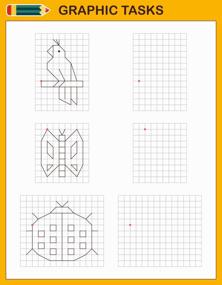 grafische Aufgaben. Lernspiel für Kinder im Vorschulalter. Arbeitsblätter zum Üben von Logik und Motorik. Spiel für Kinder. Grafikaufgaben mit verschiedenen Objekten und Elementen. Vektor-Illustration vektor